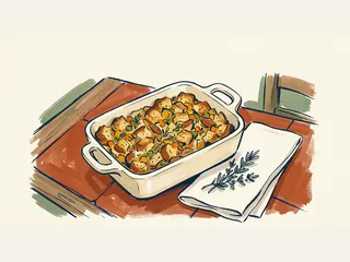 Fuente de cerámica con relleno de pan y verduras, junto a una servilleta y una ramita de hierba.