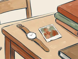 Un reloj de pulsera con esfera lisa junto a una fotografía abstracta sobre una mesa.