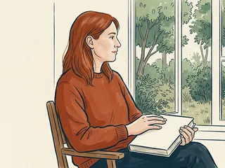 Una persona sostiene un libro cerrado junto a una ventana que da a un jardín ficticio.