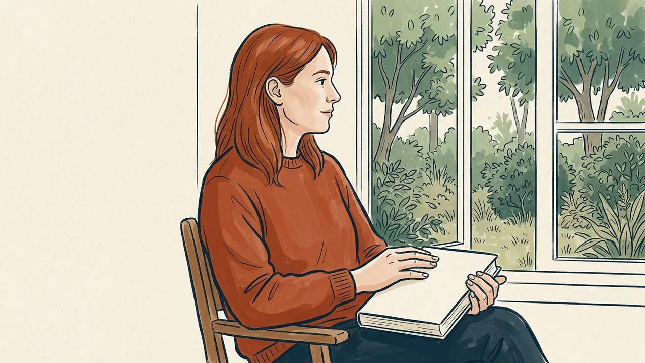 Una persona sostiene un libro cerrado junto a una ventana que da a un jardín ficticio.