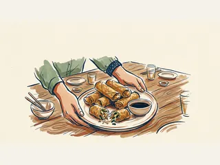 Unas manos sirven egg rolls dorados con relleno de verduras y un cuenco de salsa.