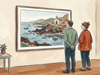 Dos personas observan una pintura de una costa imaginaria con un pequeño puerto y una ermita.
