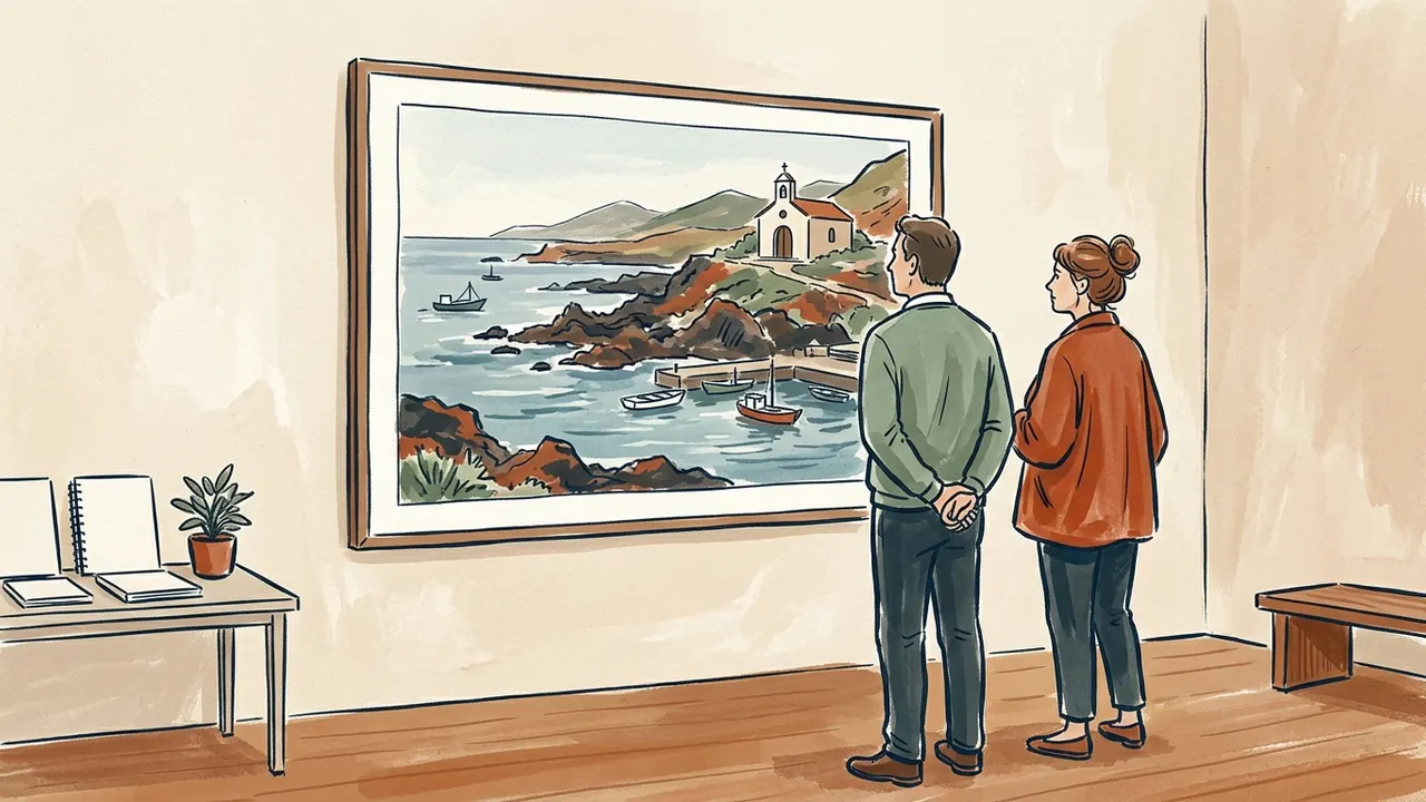 Dos personas observan una pintura de una costa imaginaria con un pequeño puerto y una ermita.