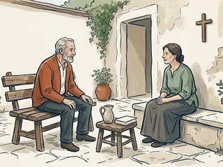 Dos personas adultas conversan en un patio con una cruz sencilla en la pared.