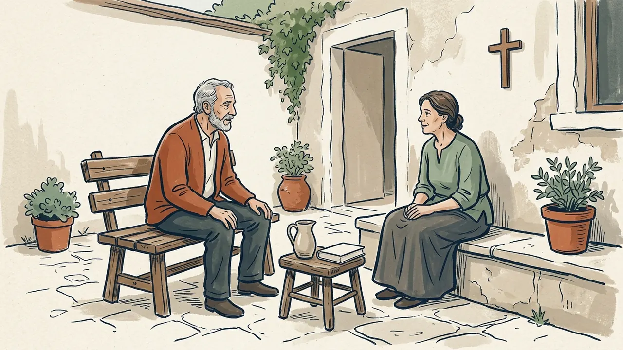 Dos personas adultas conversan en un patio con una cruz sencilla en la pared.