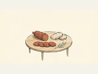 Pieza de salami, cuatro rodajas y dos rebanadas de pan sobre una pequeña mesa redonda de madera, junto a una ramita verde.