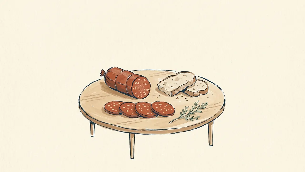 Pieza de salami, cuatro rodajas y dos rebanadas de pan sobre una pequeña mesa redonda de madera, junto a una ramita verde.