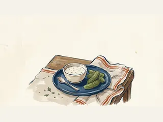 Un cuenco de salsa clara con hierbas aparece sobre un plato azul junto a pepinillos y una cuchara.