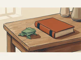 Una rana de papel plegado junto a un libro cerrado sobre una mesa de lectura.