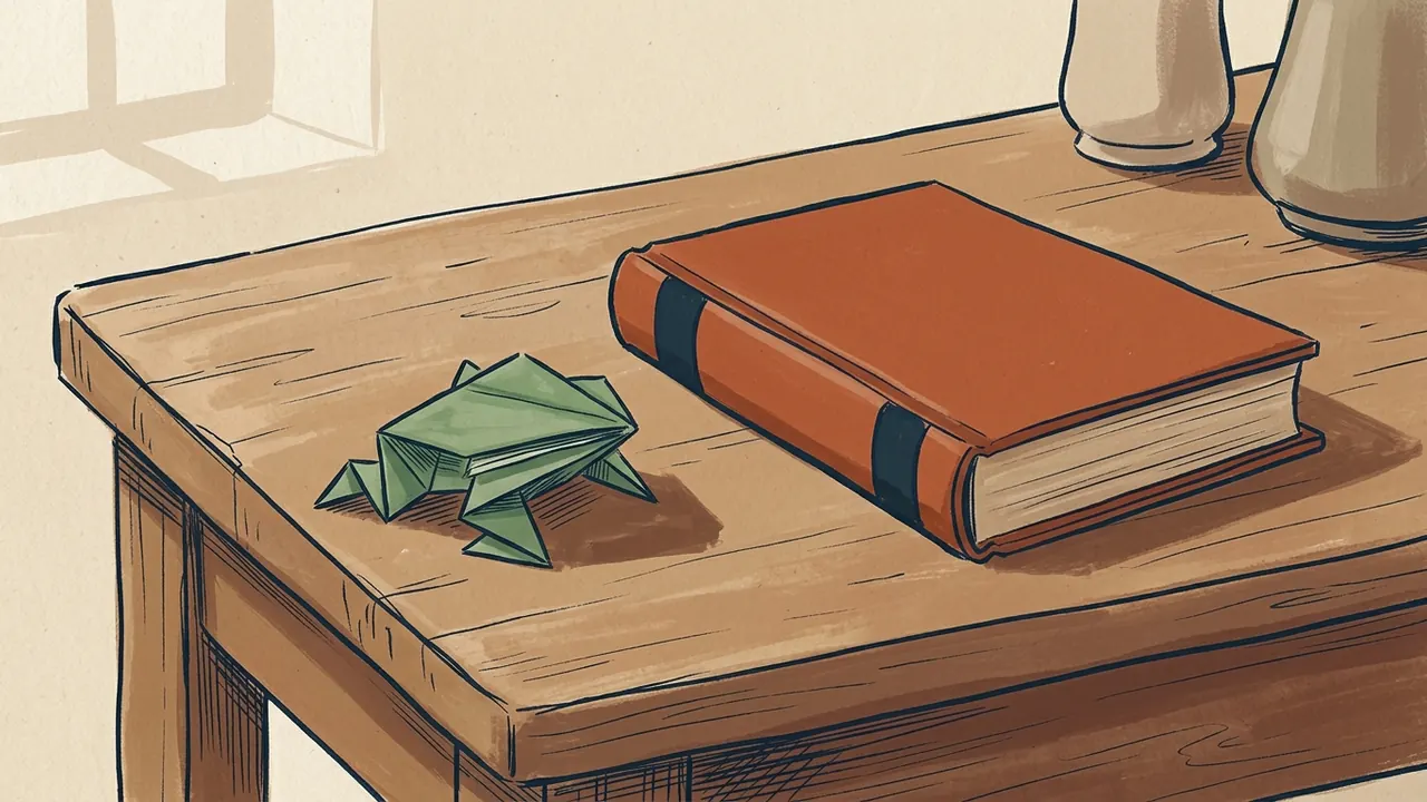 Una rana de papel plegado junto a un libro cerrado sobre una mesa de lectura.