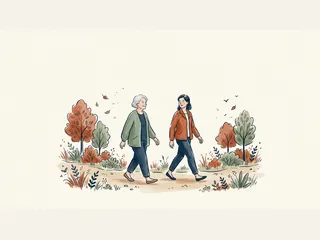 Ilustración de dos mujeres paseando por un sendero entre árboles.