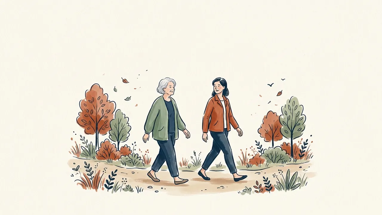 Ilustración de dos mujeres paseando por un sendero entre árboles.