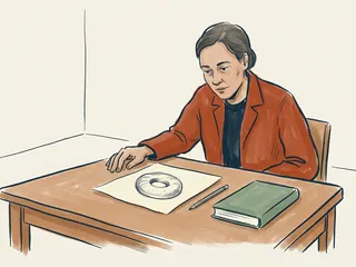 Una persona observa el dibujo de un roscón circular sobre una mesa, junto a un libro cerrado.