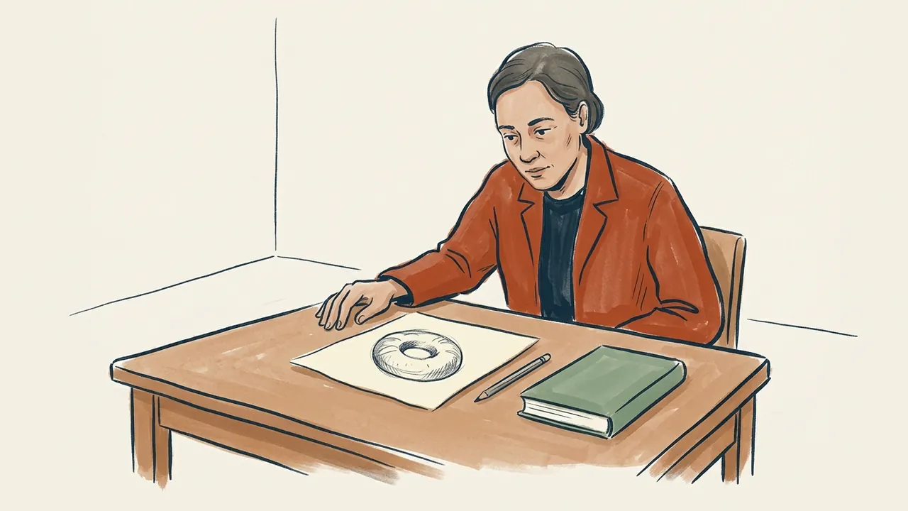 Una persona observa el dibujo de un roscón circular sobre una mesa, junto a un libro cerrado.