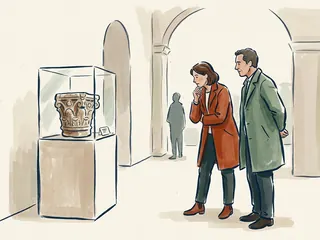 Dos personas observan una pieza de arquitectura expuesta en una sala ficticia.