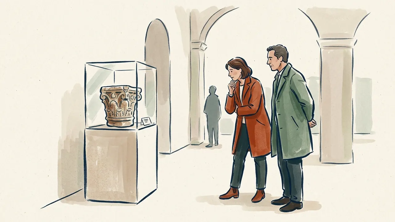 Dos personas observan una pieza de arquitectura expuesta en una sala ficticia.