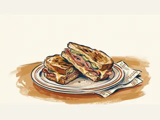 Un sándwich prensado y cortado en dos muestra capas de carne, queso y pepinillos sobre un plato.