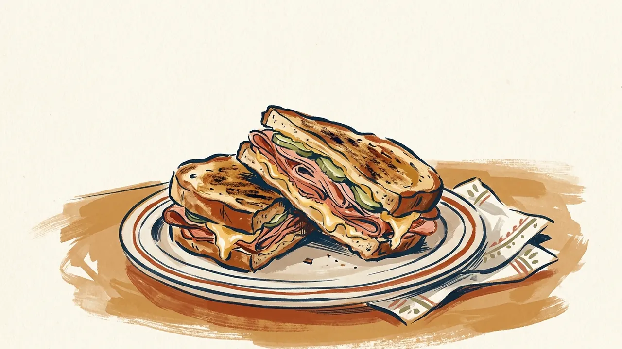 Un sándwich prensado y cortado en dos muestra capas de carne, queso y pepinillos sobre un plato.