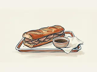 Un sándwich de carne en pan alargado junto a un cuenco de jugos de asado.