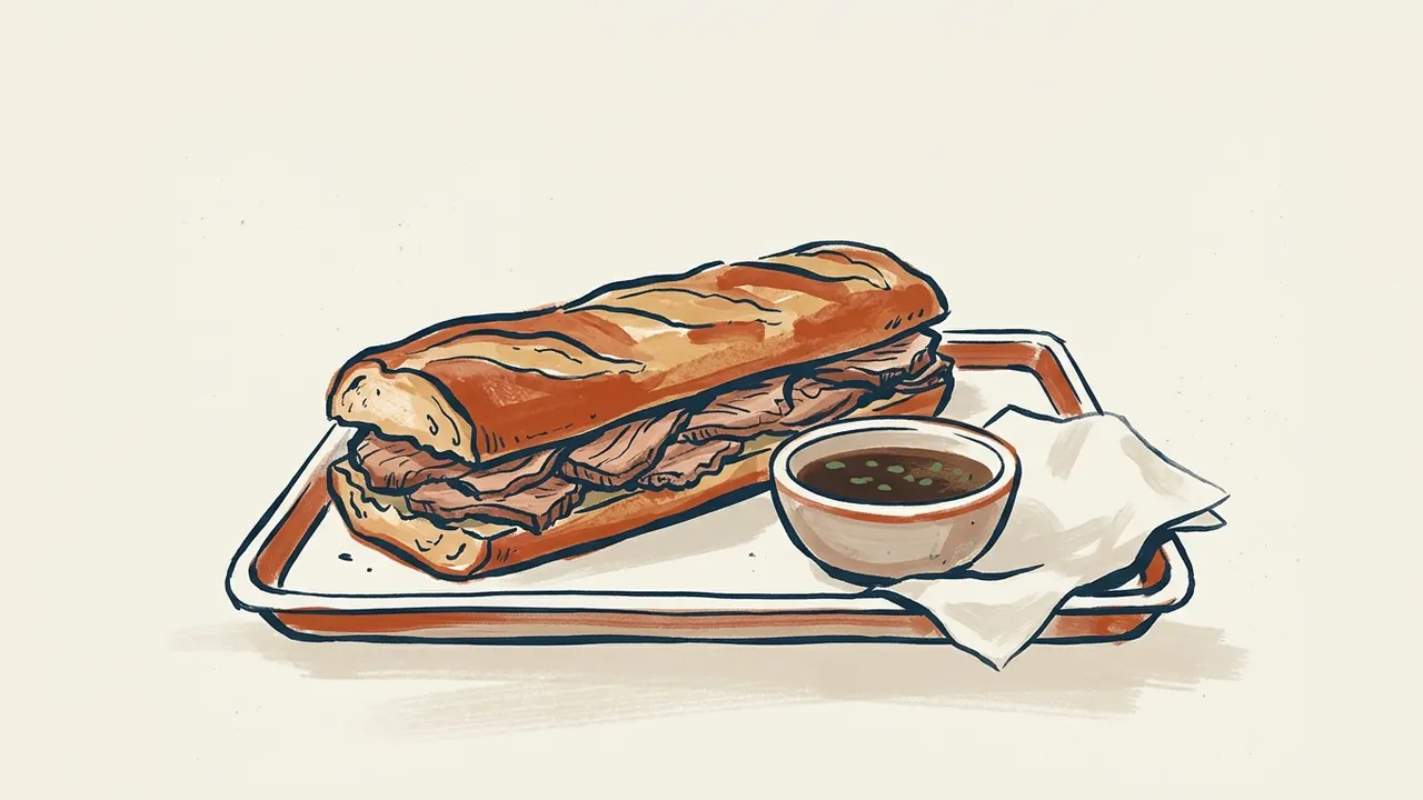 Un sándwich de carne en pan alargado junto a un cuenco de jugos de asado.