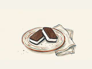 Dos sándwiches de helado con galletas de chocolate y relleno blanco sobre un plato cerámico