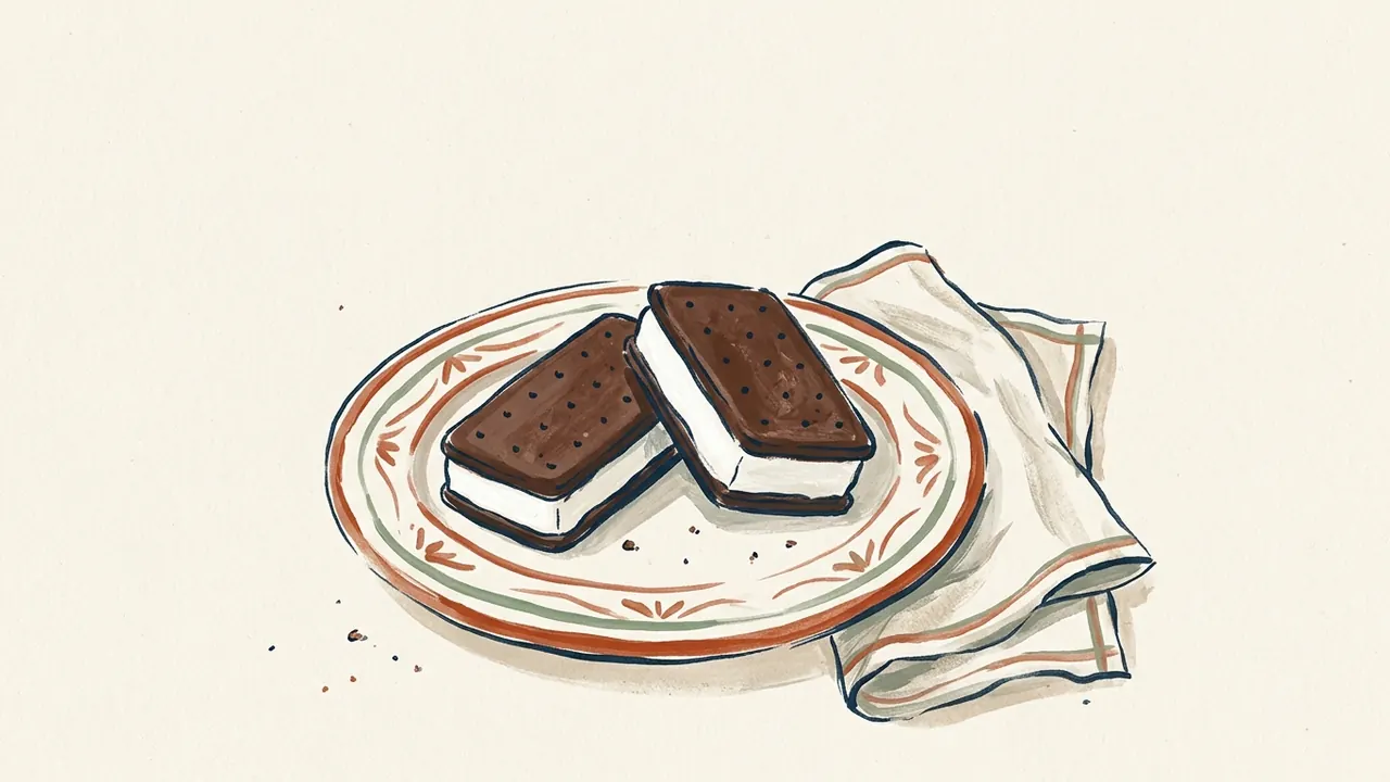 Dos sándwiches de helado con galletas de chocolate y relleno blanco sobre un plato cerámico