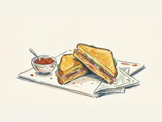Dos mitades de un sándwich dorado muestran capas de jamón y queso junto a un cuenco de mermelada.