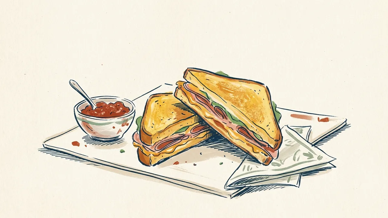 Dos mitades de un sándwich dorado muestran capas de jamón y queso junto a un cuenco de mermelada.