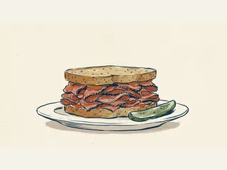 Sándwich de pastrami en pan de centeno con un pepinillo sobre un plato.