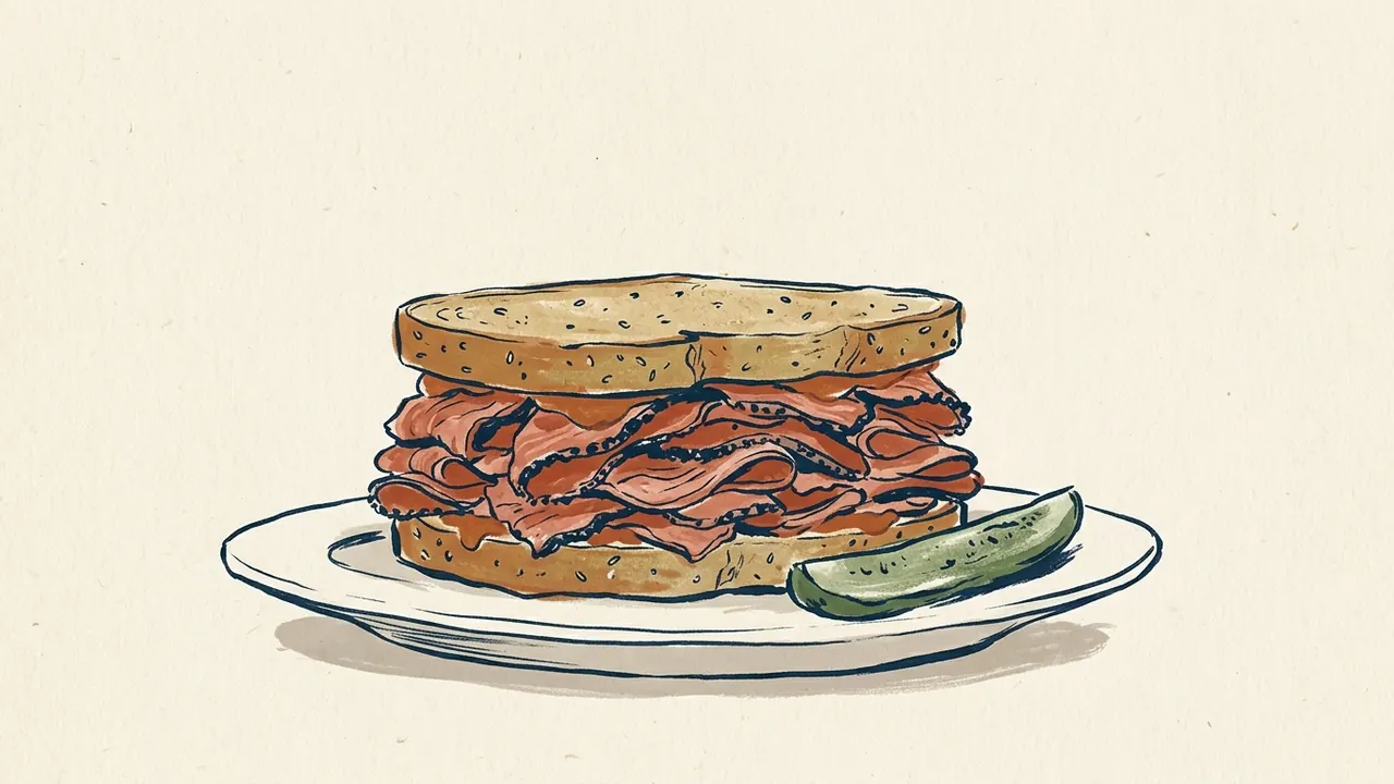 Sándwich de pastrami en pan de centeno con un pepinillo sobre un plato.