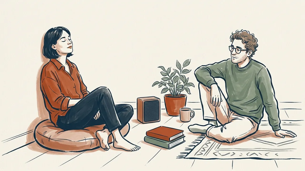 Dos personas sentadas junto a un altavoz, una planta y libros cerrados en una escena de escucha.