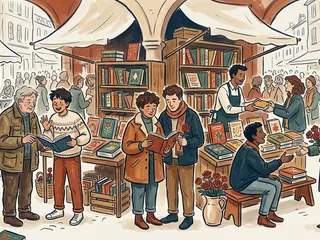 Varias personas hojean libros y comparten recomendaciones junto a ramos de rosas en una calle.