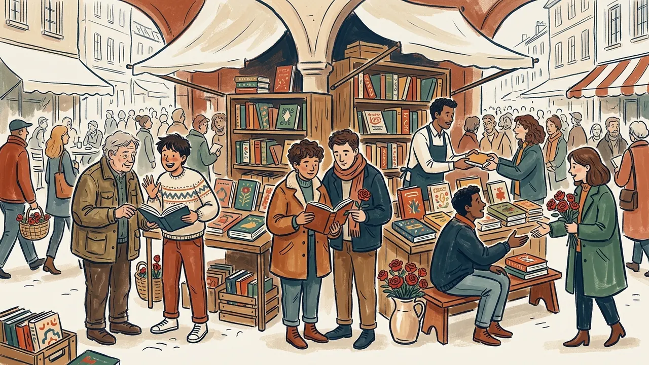 Varias personas hojean libros y comparten recomendaciones junto a ramos de rosas en una calle.