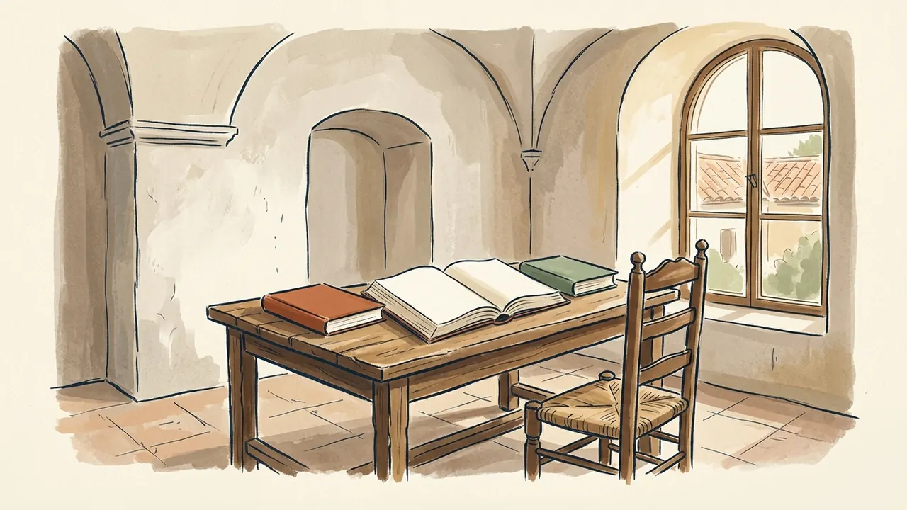 Libros y silla de madera en una biblioteca universitaria.