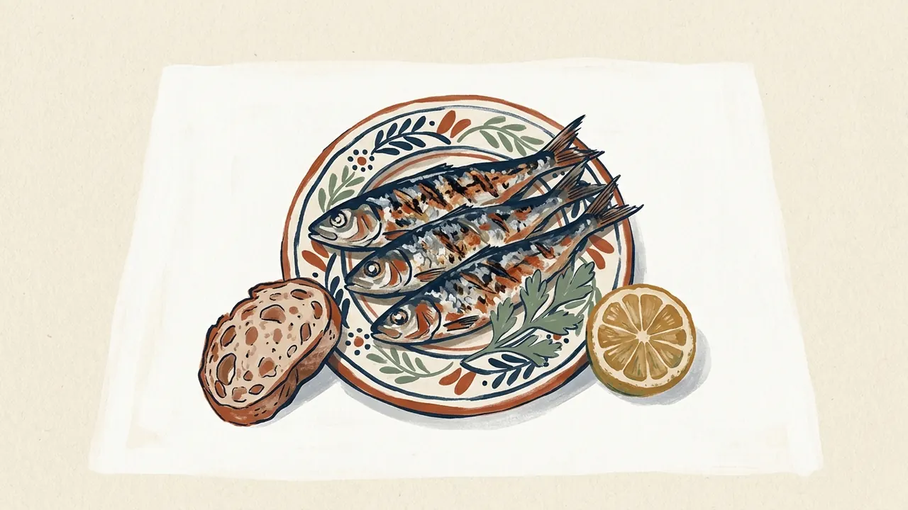 Tres sardinas sobre un plato de cerámica, junto a una rodaja de limón y una rebanada de pan.