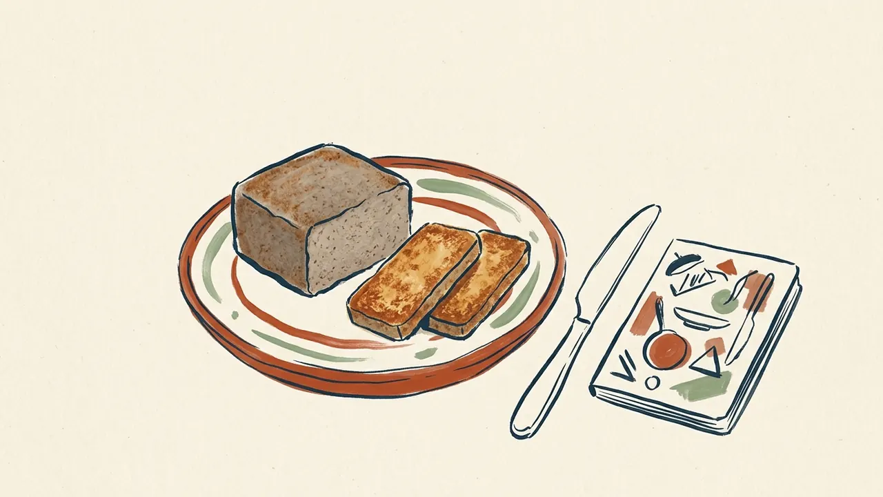 Un bloque rectangular de scrapple y dos lonchas doradas se presentan sobre un plato.