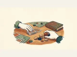 Dos manos ordenan cartas sin marcas y fichas de juego junto a un libro cerrado.