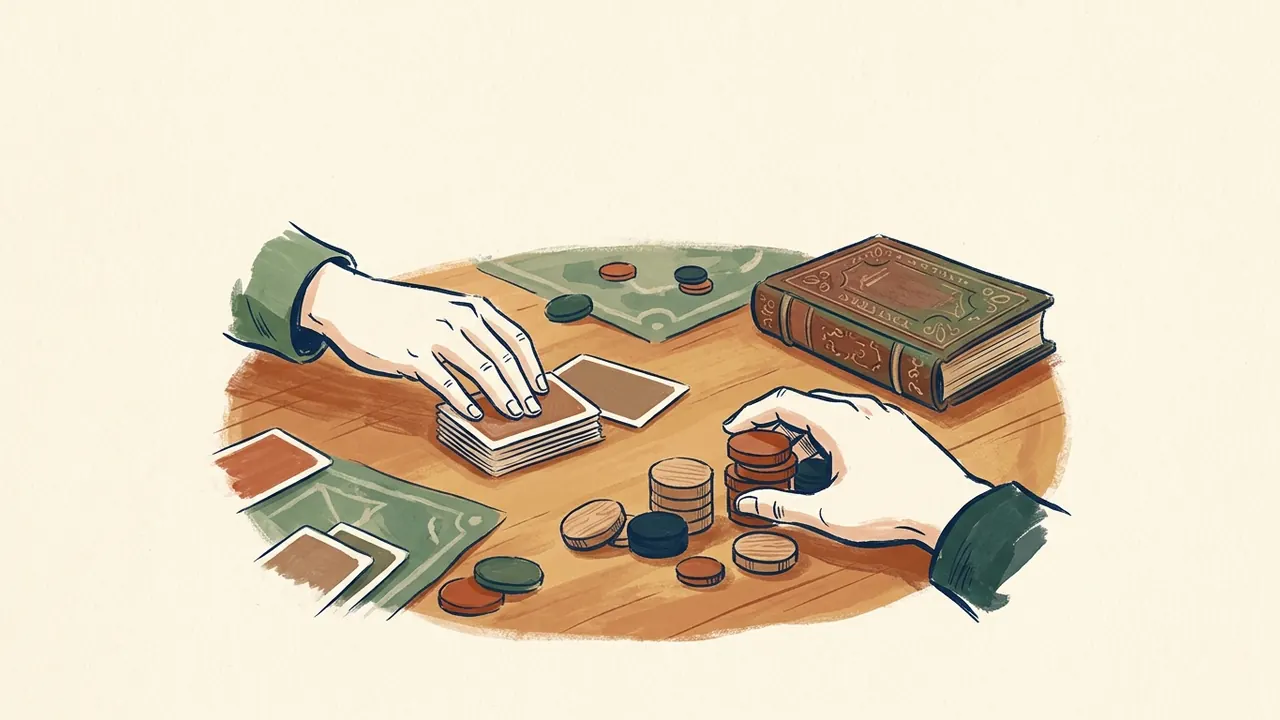 Dos manos ordenan cartas sin marcas y fichas de juego junto a un libro cerrado.