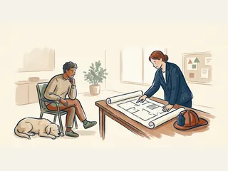 Una profesional explica el plano de una vivienda a una persona mientras un perro descansa a su lado y un casco está sobre la mesa.