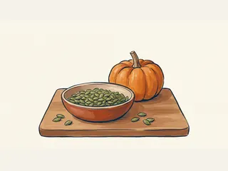 Un cuenco de semillas verdes de calabaza sobre una tabla, con una calabaza naranja detrás.