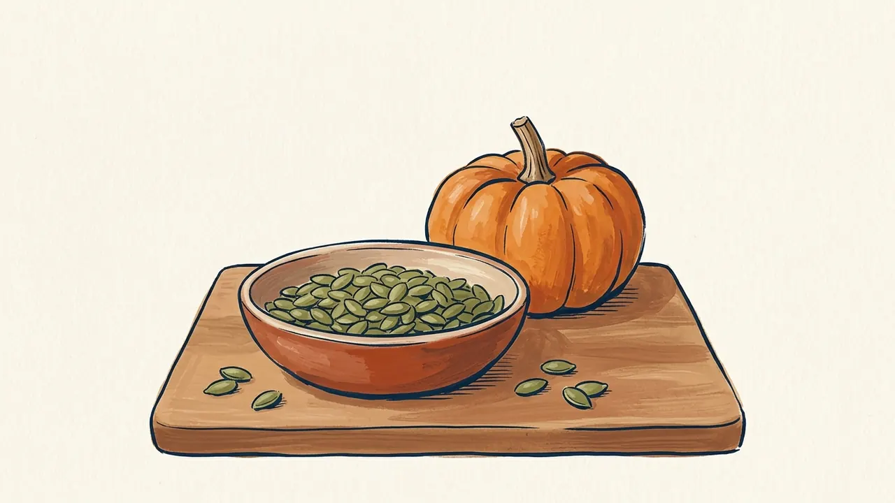 Un cuenco de semillas verdes de calabaza sobre una tabla, con una calabaza naranja detrás.
