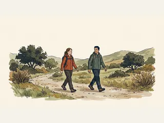 Dos personas con mochilas caminan por un sendero entre encinas y colinas.