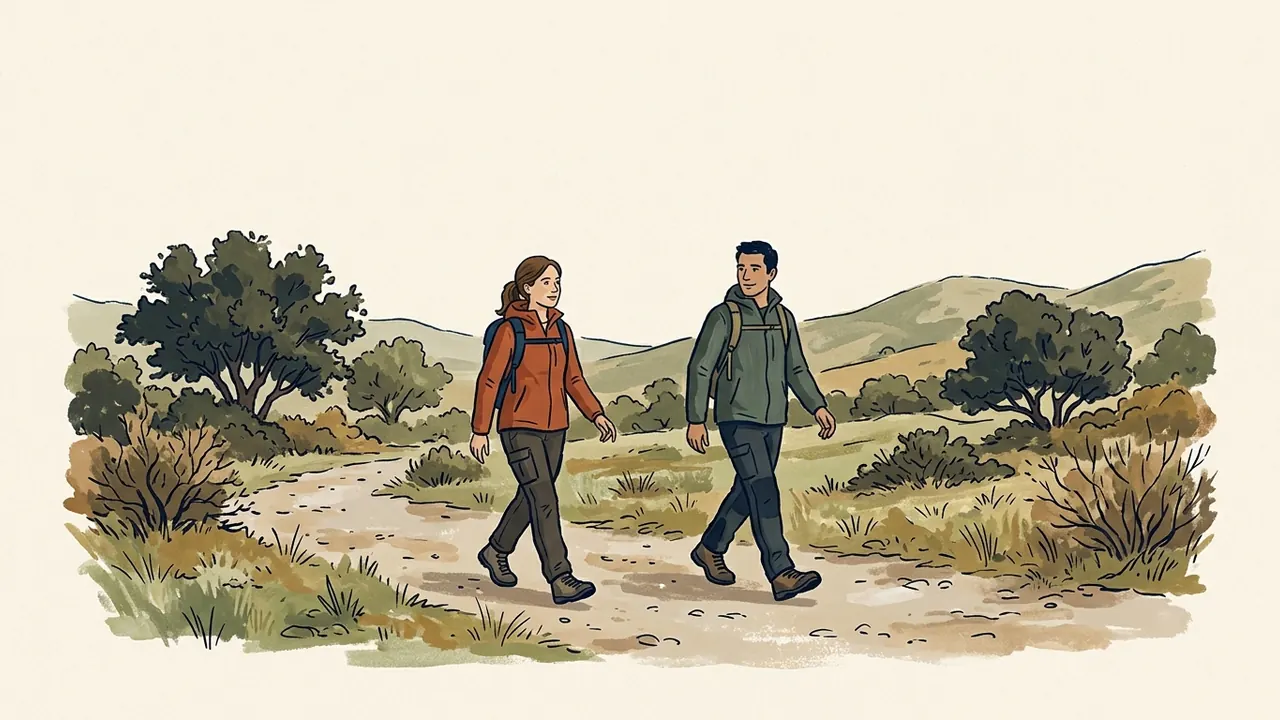 Dos personas con mochilas caminan por un sendero entre encinas y colinas.
