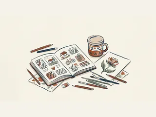 Cuaderno con dibujos de recuerdos, una taza tapada y lápices junto a una flor ilustrada.