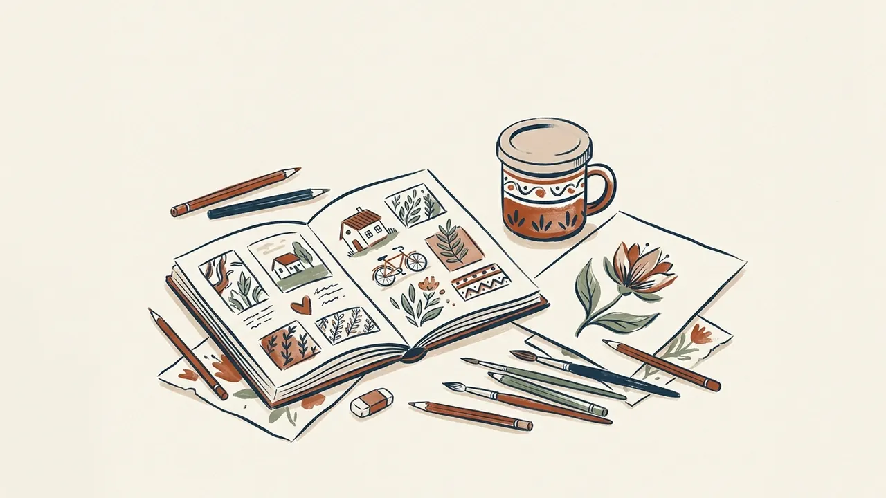 Cuaderno con dibujos de recuerdos, una taza tapada y lápices junto a una flor ilustrada.