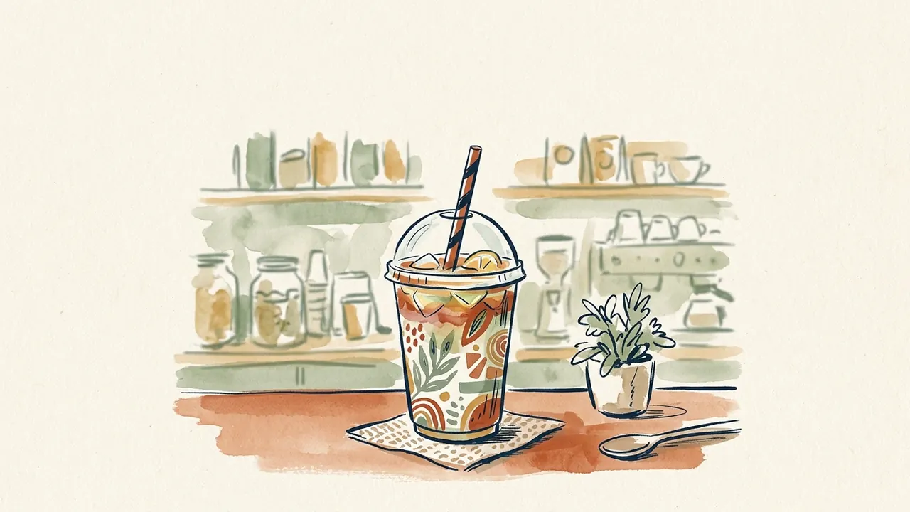 Un vaso de bebida helada con pajita y tapa transparente aparece sobre el mostrador de una tienda.