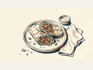 Dos mitades de shawarma en un plato, con salsa y una servilleta al lado.
