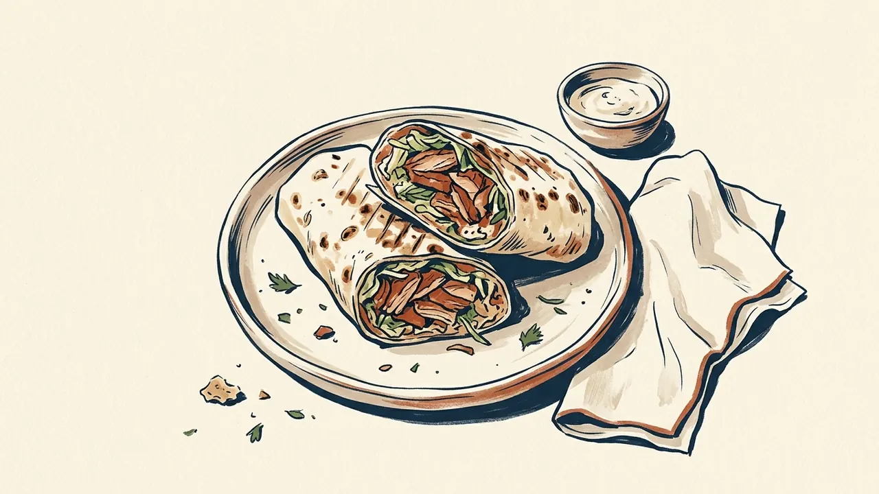 Dos mitades de shawarma en un plato, con salsa y una servilleta al lado.
