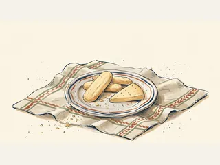 Varias galletas de mantequilla alargadas y triangulares reposan sobre un plato y un paño.