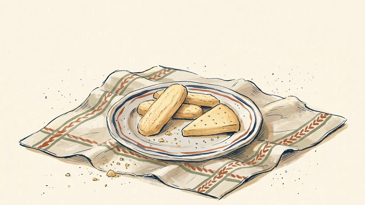 Varias galletas de mantequilla alargadas y triangulares reposan sobre un plato y un paño.